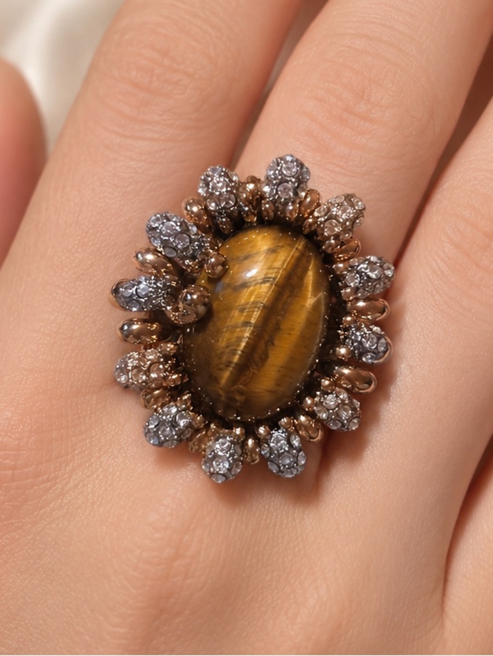 Vintage Camille Lucie Tiger’s Eye Rhinestone Statement Ring Sz 8.5 NOS